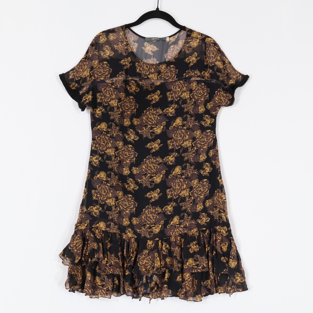 Animale Floral Silk Chiffon Ruffle Dress Women Size 6 Black Gold Brazil Designer